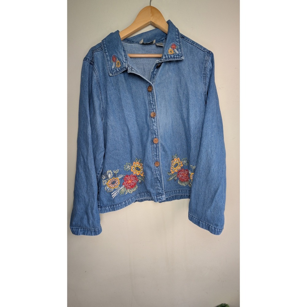 New Identity Embroidered Denim Shacket Womens XL Blue Floral Vintage Cotton